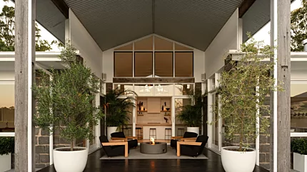 EcoSmart Fire Ark 40 Fire Table creates a stylish outdoor centrepiece in Beau Ciel Property with a contemporary ethanol fireplace.