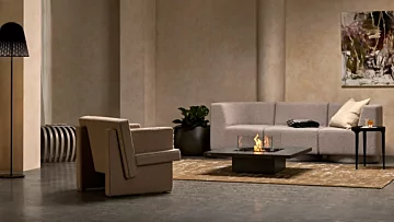 EcoSmart Fire Vertigo 40 Fire Table anchors a residential lounge with a clean-burning bioethanol flame and modern ambience.